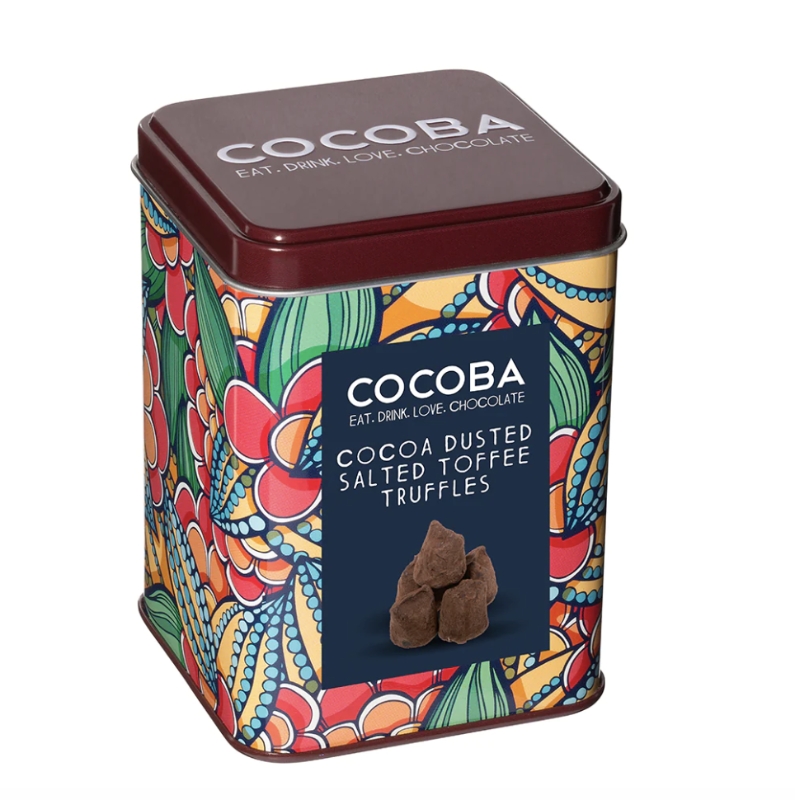 Cocoa dusted salted toffee truffles in a beautifully printed Cocoba tin to make for the perfect gift. 