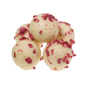 Beautifully creamy white chocolate truffles with a raspberry & Marc de Champagne oozy filling.