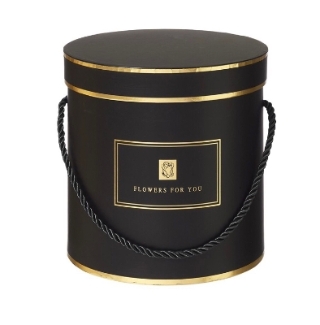 Black Hamilton hat box with gold detailing and rope handles. 
