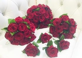 Luxury red rose wedding collection including 1 x bridal bouquet, 2 x bridesmaid bouquets and 6 x buttonholes. 