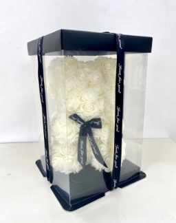 Foam rose teddy bear presented in luxury box with ribbon bow detail.