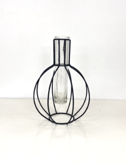 Black metal wire geometric bulb shaped vase. 