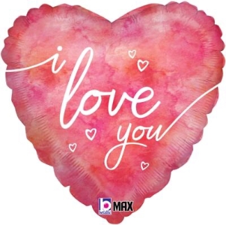 18 Inch foil balloon, heart shaped in warm pink and red tones with 'I LOVE YOU' script. 